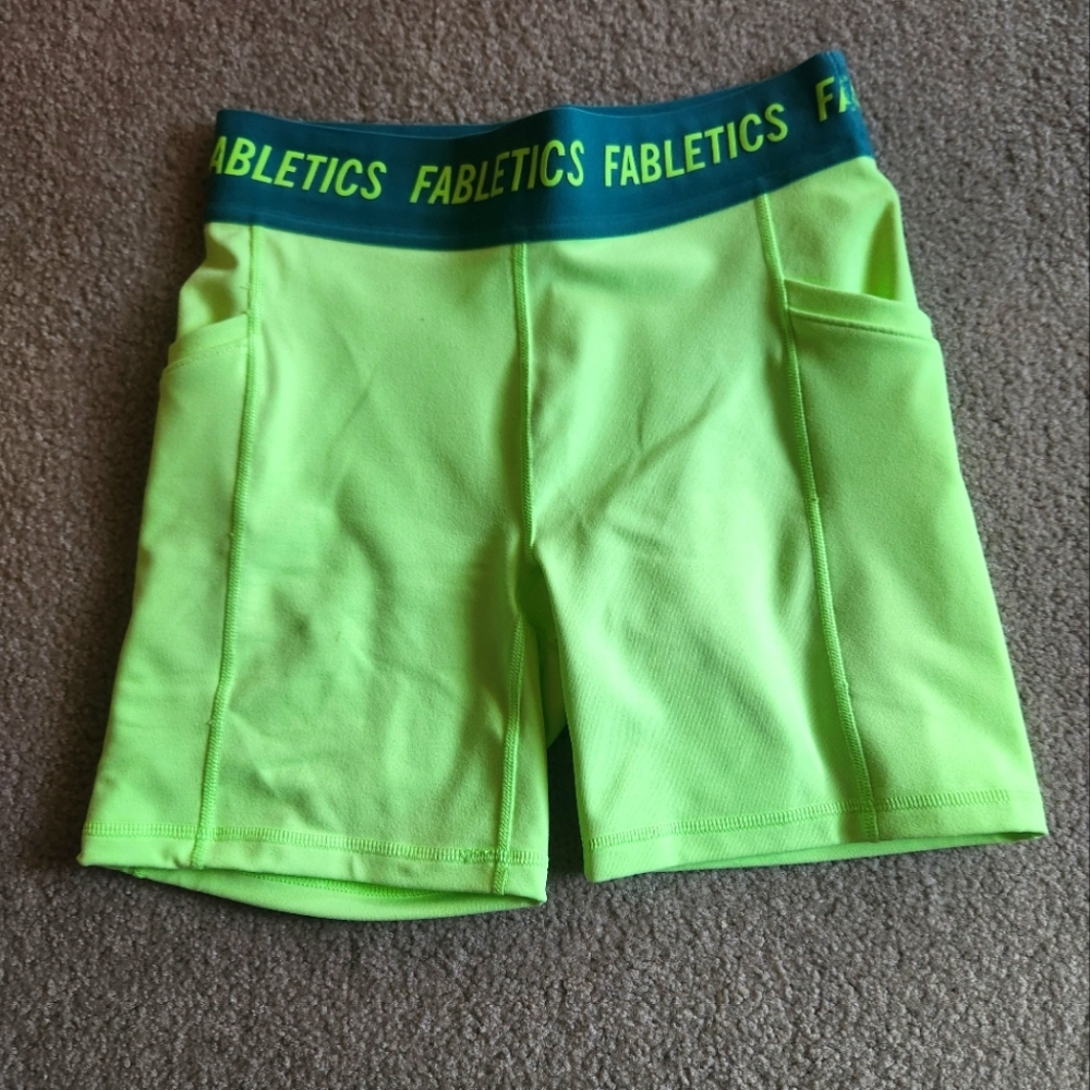 Fabletics neon green shorts, 6 in inseam.